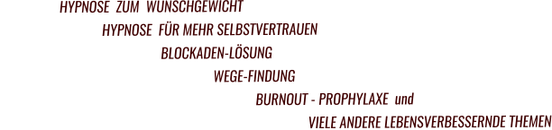 HYPNOSE  ZUM  WUNSCHGEWICHT                                HYPNOSE  FÜR MEHR SELBSTVERTRAUEN                                                  BLOCKADEN-LÖSUNG                                                                  WEGE-FINDUNG                                                                                BURNOUT - PROPHYLAXE  und                                                                                               VIELE ANDERE LEBENSVERBESSERNDE THEMEN